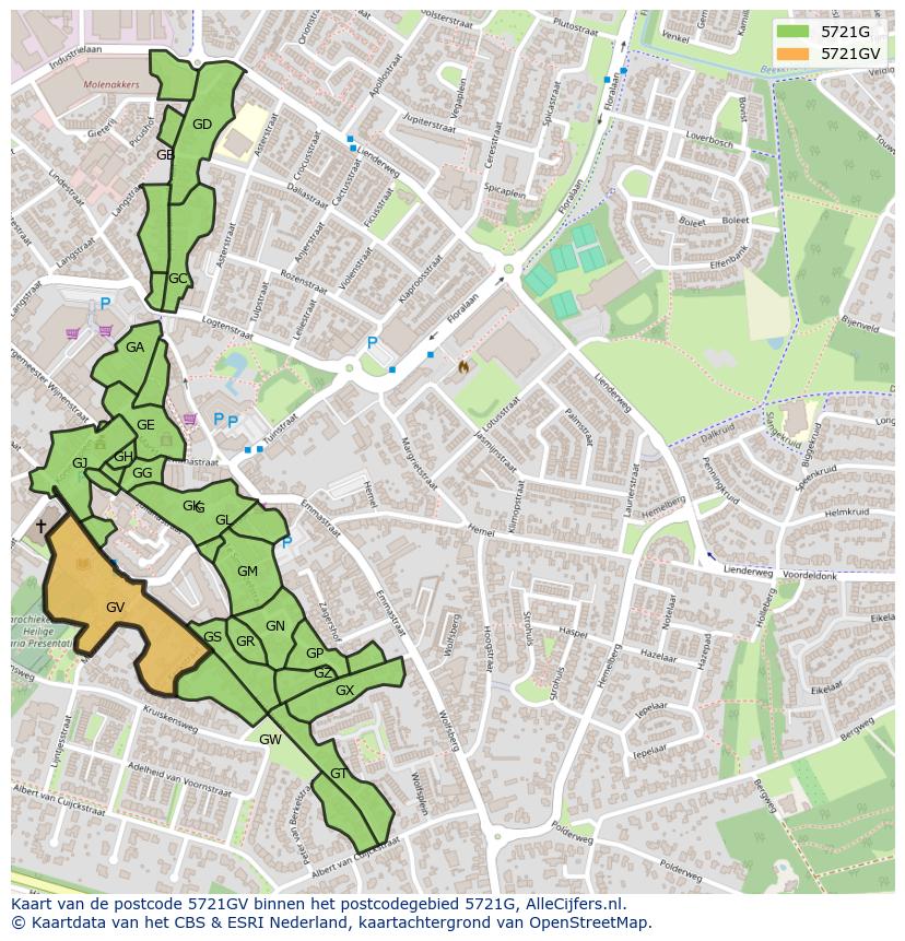 Afbeelding van het postcodegebied 5721 GV op de kaart.