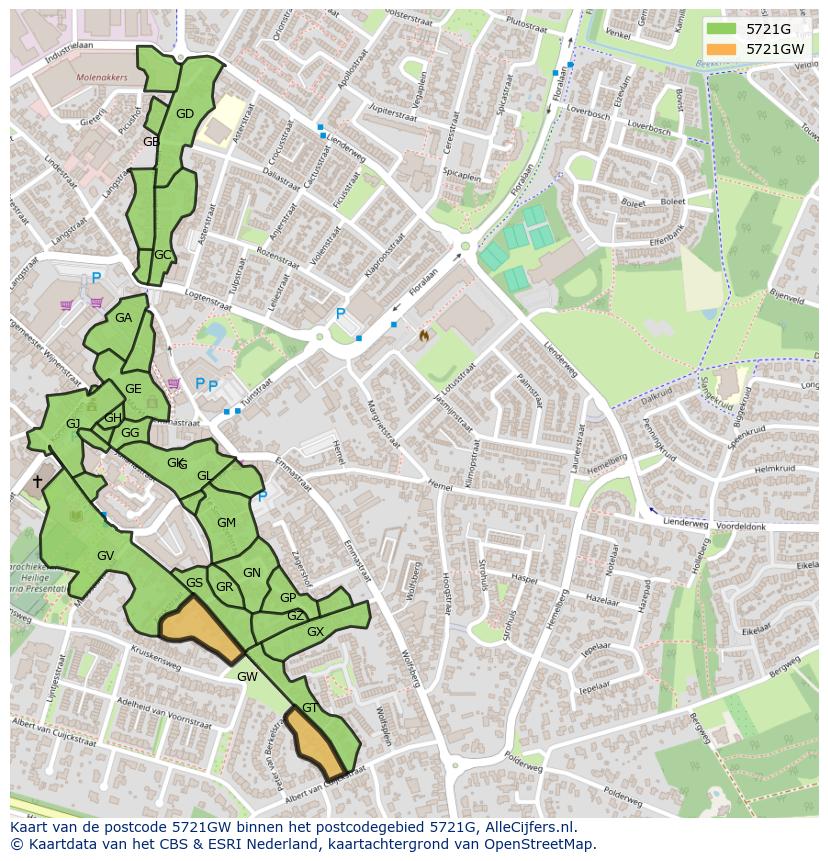 Afbeelding van het postcodegebied 5721 GW op de kaart.