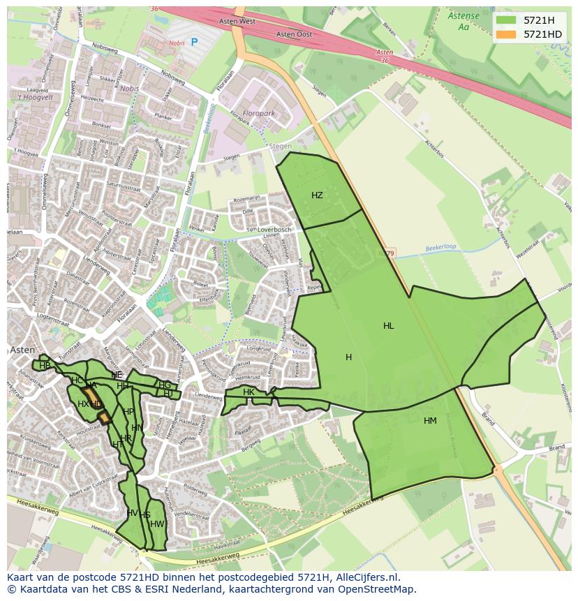Afbeelding van het postcodegebied 5721 HD op de kaart.