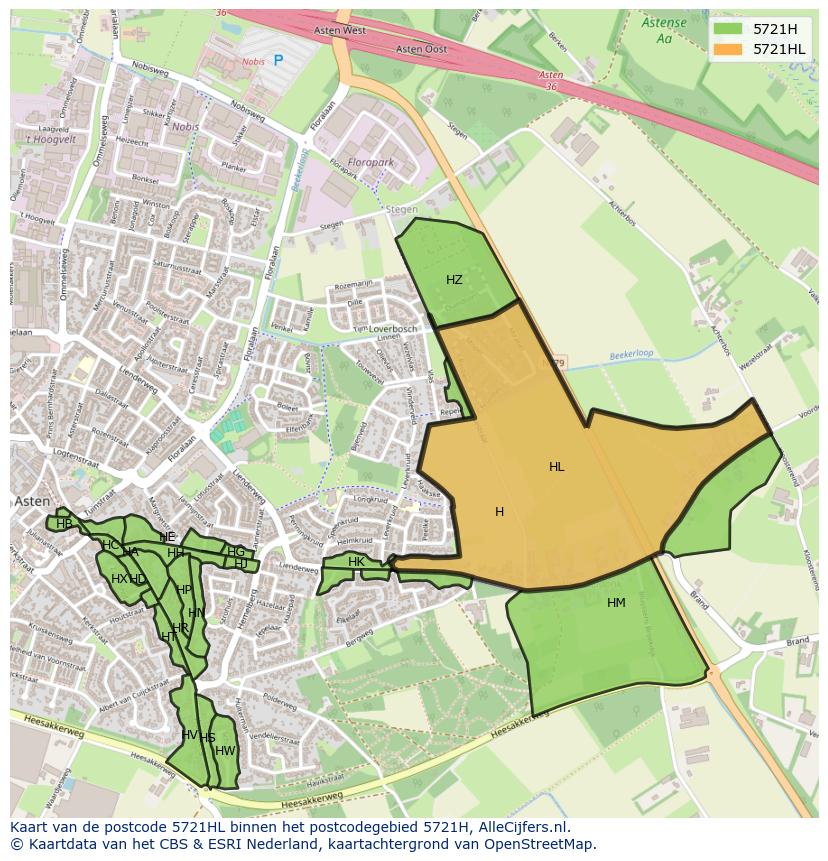 Afbeelding van het postcodegebied 5721 HL op de kaart.