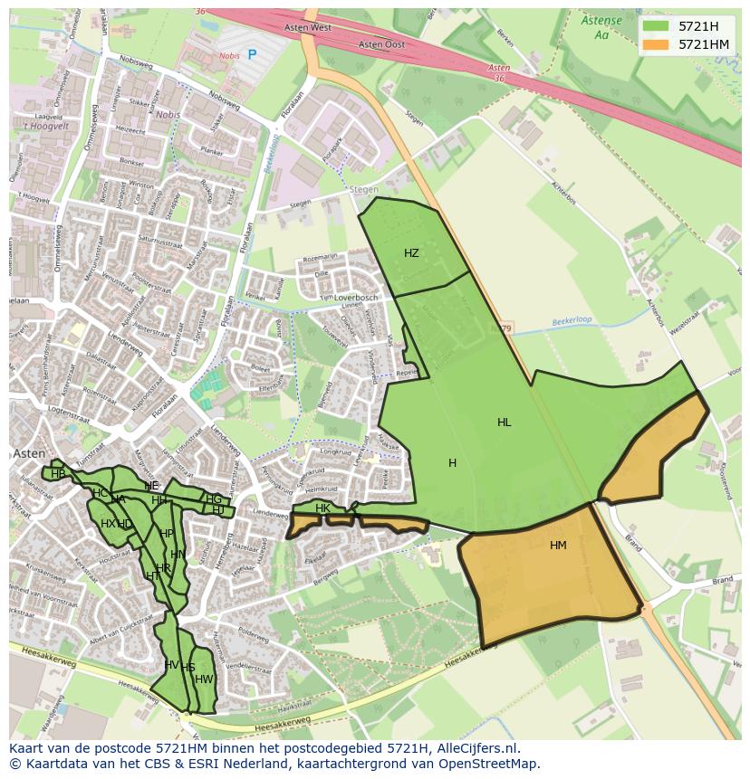 Afbeelding van het postcodegebied 5721 HM op de kaart.