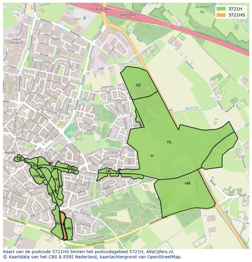 Afbeelding van het postcodegebied 5721 HS op de kaart.