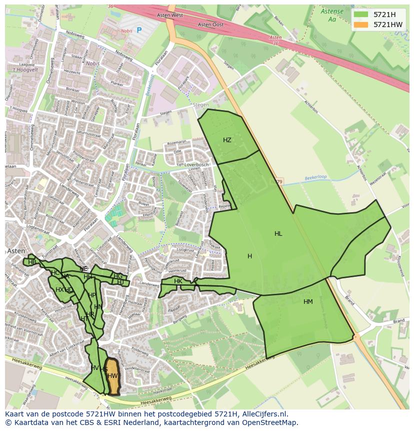 Afbeelding van het postcodegebied 5721 HW op de kaart.
