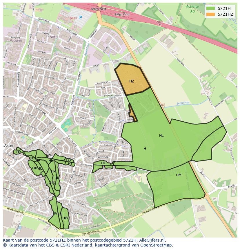 Afbeelding van het postcodegebied 5721 HZ op de kaart.