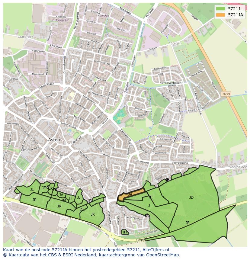 Afbeelding van het postcodegebied 5721 JA op de kaart.