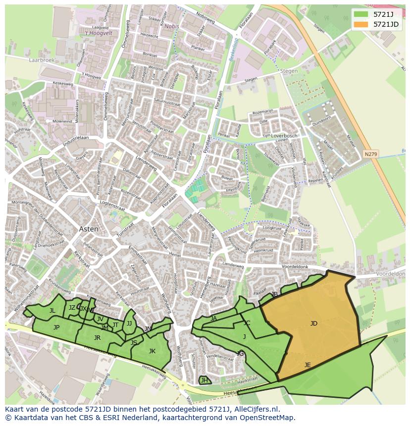 Afbeelding van het postcodegebied 5721 JD op de kaart.