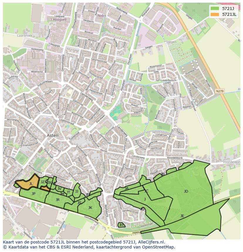 Afbeelding van het postcodegebied 5721 JL op de kaart.