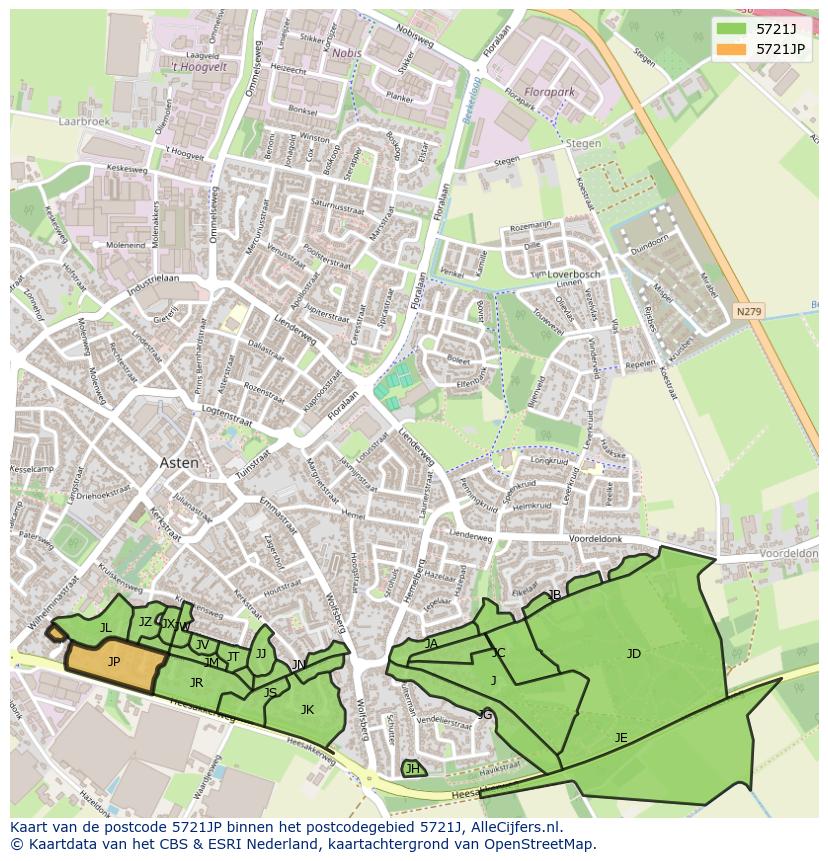 Afbeelding van het postcodegebied 5721 JP op de kaart.