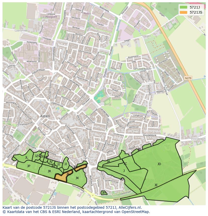 Afbeelding van het postcodegebied 5721 JS op de kaart.
