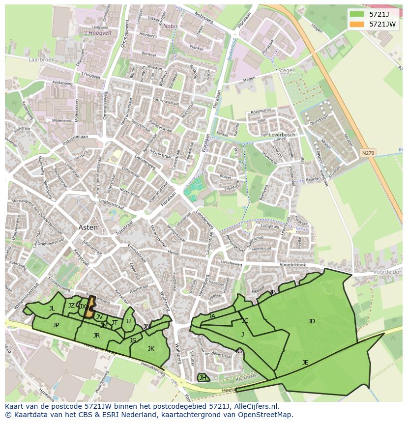 Afbeelding van het postcodegebied 5721 JW op de kaart.