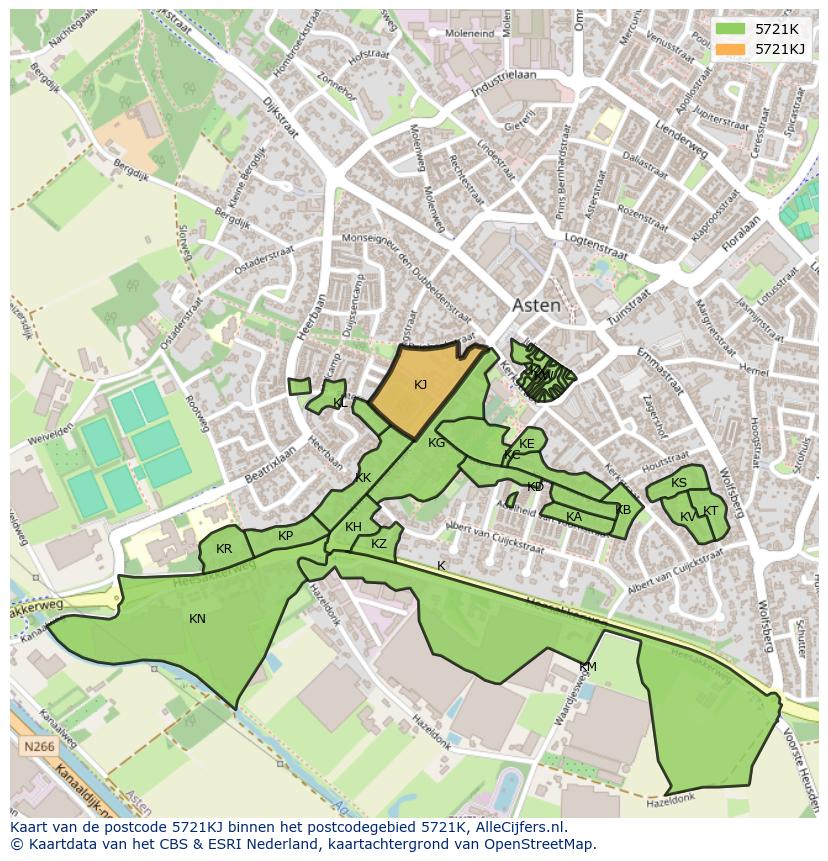 Afbeelding van het postcodegebied 5721 KJ op de kaart.