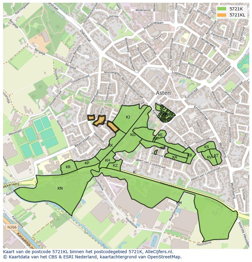 Afbeelding van het postcodegebied 5721 KL op de kaart.