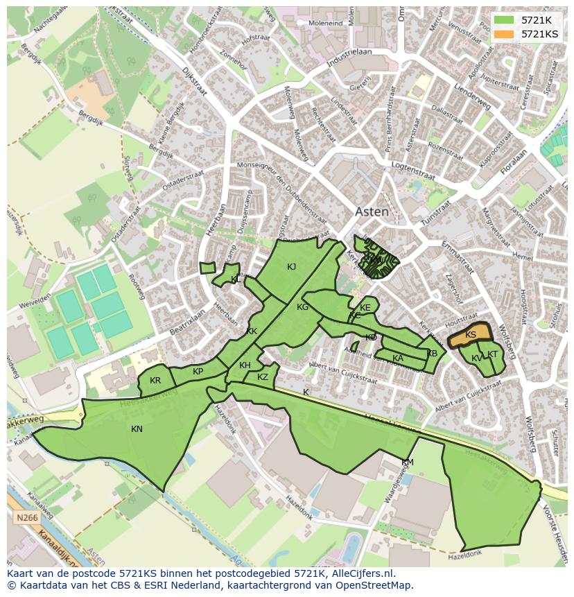 Afbeelding van het postcodegebied 5721 KS op de kaart.