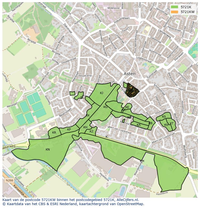 Afbeelding van het postcodegebied 5721 KW op de kaart.