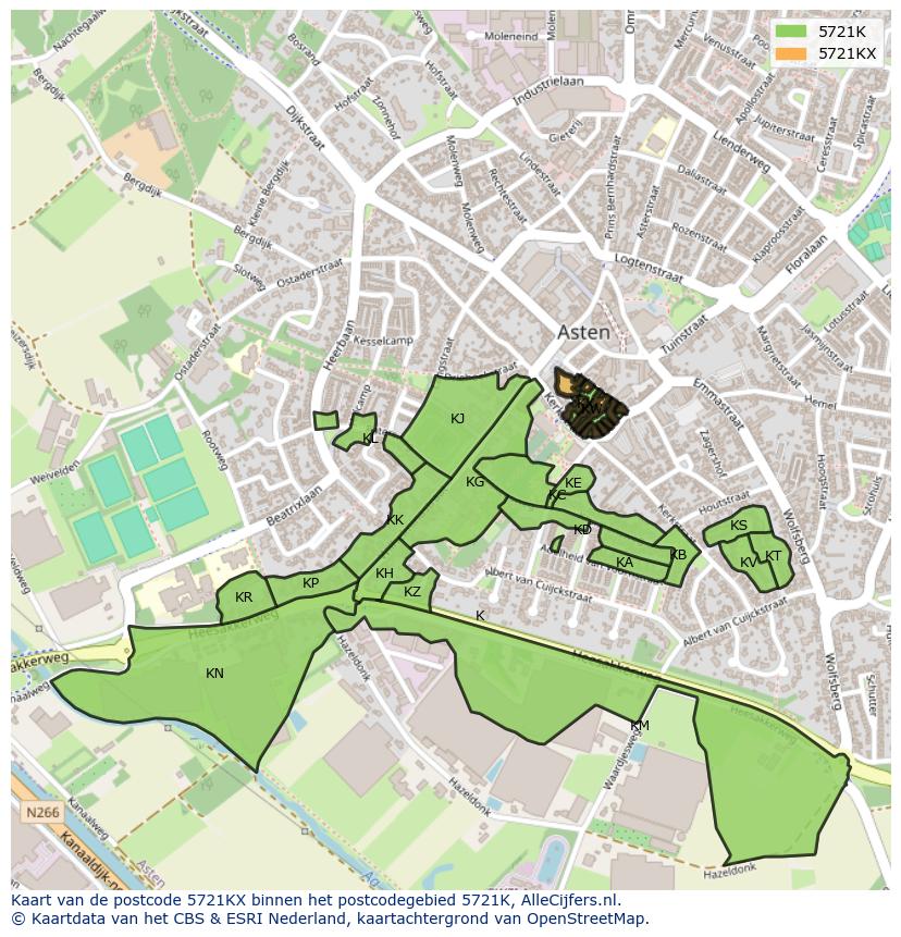 Afbeelding van het postcodegebied 5721 KX op de kaart.