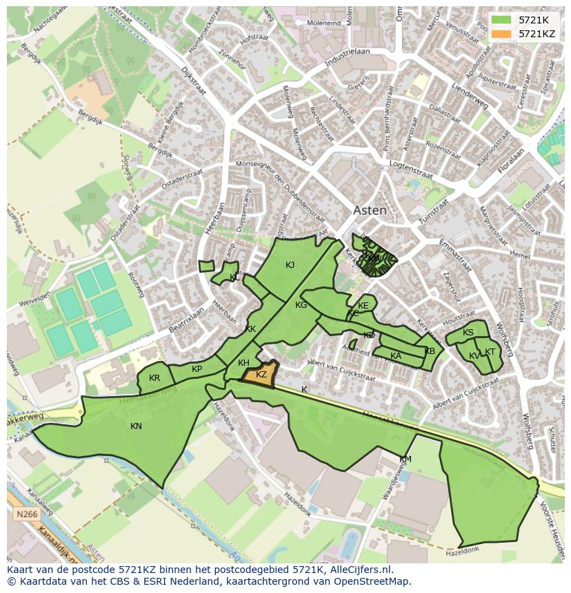Afbeelding van het postcodegebied 5721 KZ op de kaart.