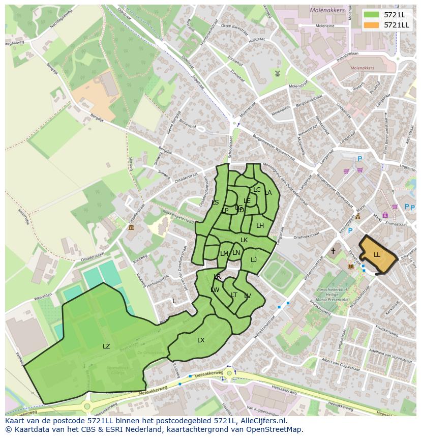 Afbeelding van het postcodegebied 5721 LL op de kaart.