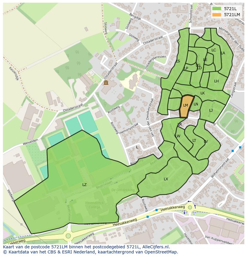 Afbeelding van het postcodegebied 5721 LM op de kaart.