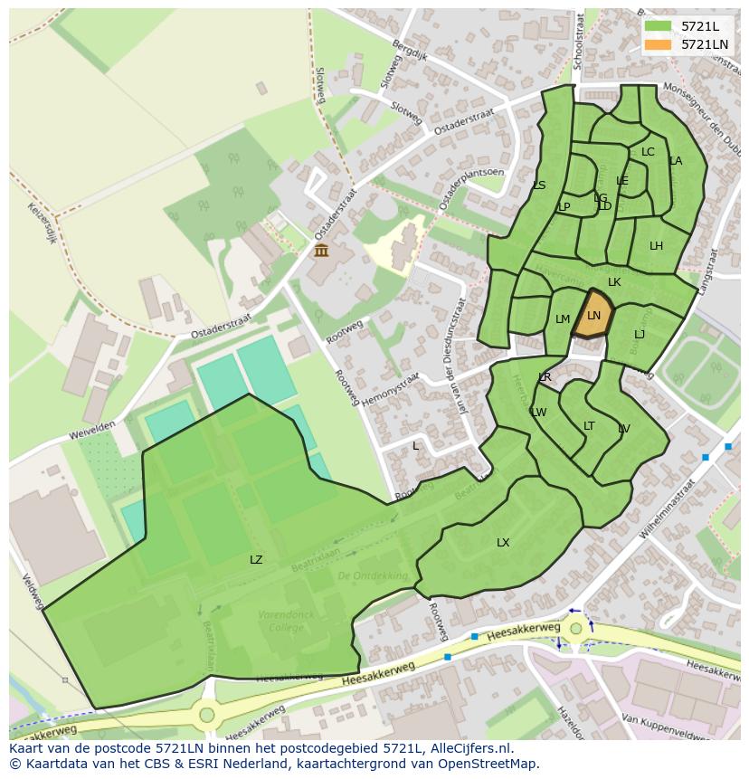 Afbeelding van het postcodegebied 5721 LN op de kaart.
