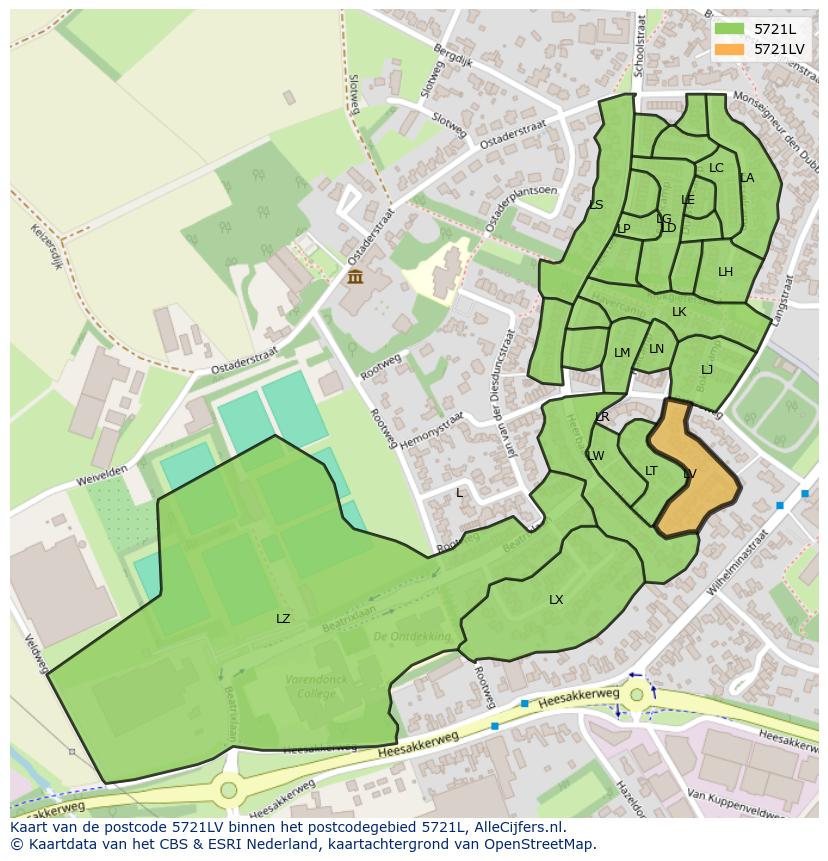 Afbeelding van het postcodegebied 5721 LV op de kaart.