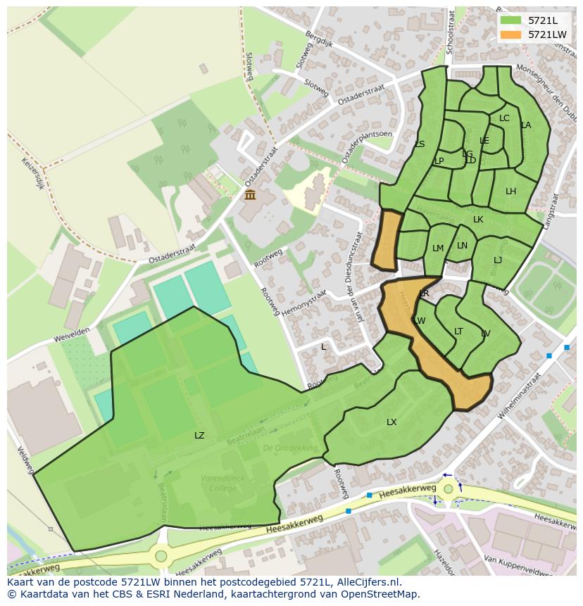 Afbeelding van het postcodegebied 5721 LW op de kaart.
