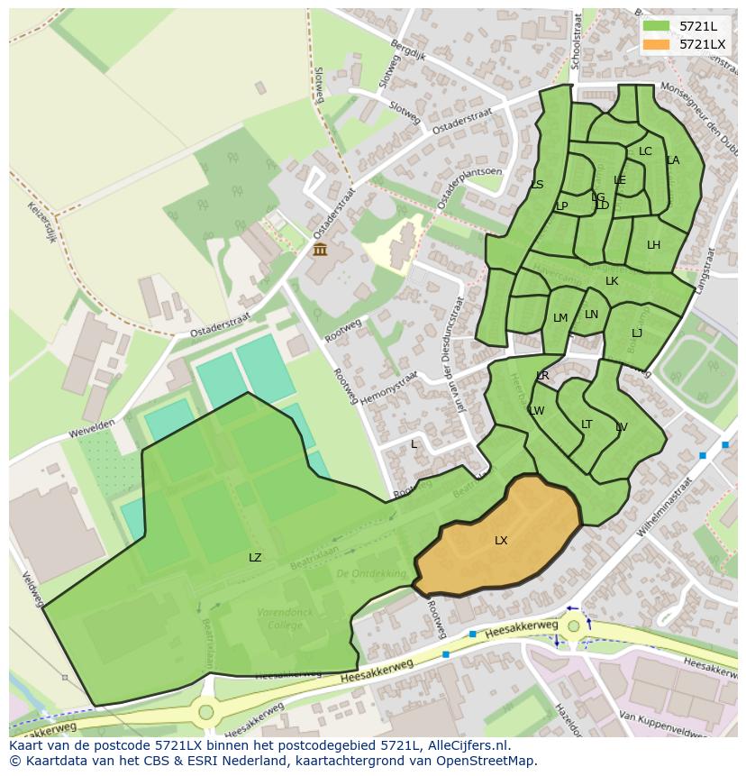 Afbeelding van het postcodegebied 5721 LX op de kaart.
