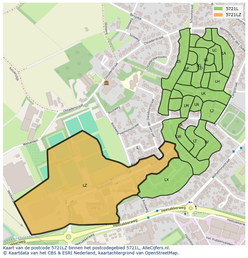 Afbeelding van het postcodegebied 5721 LZ op de kaart.