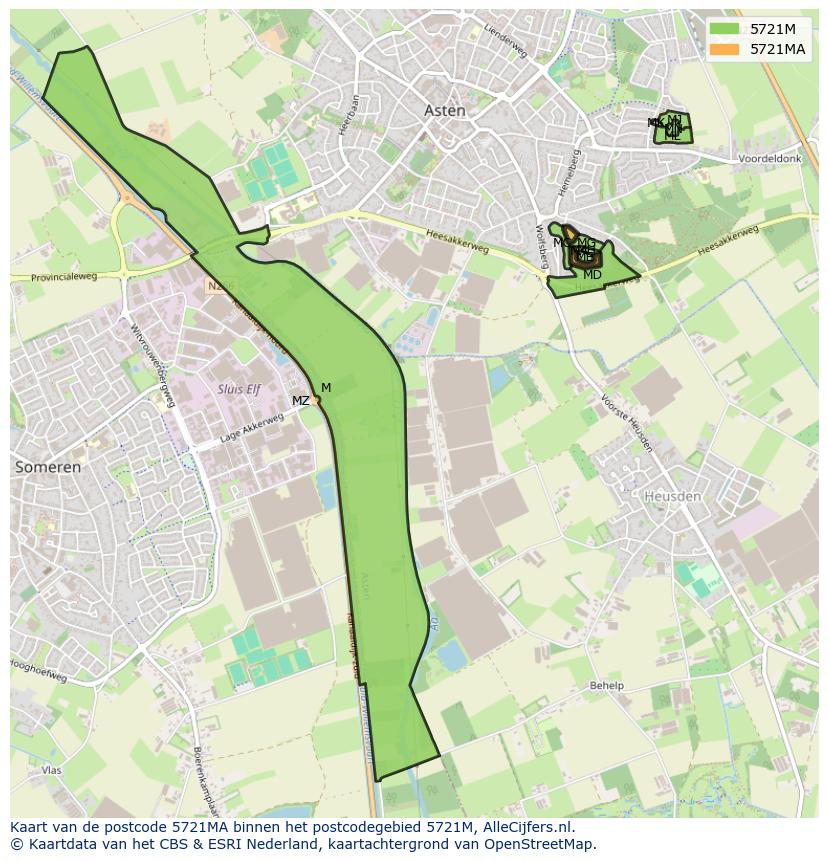 Afbeelding van het postcodegebied 5721 MA op de kaart.