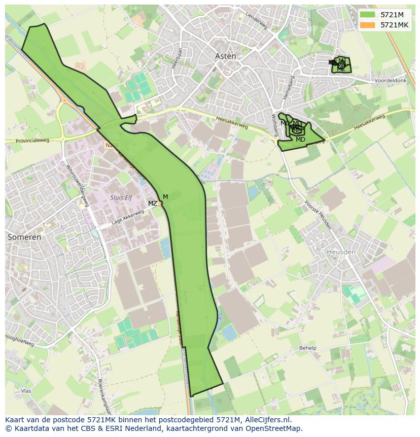 Afbeelding van het postcodegebied 5721 MK op de kaart.