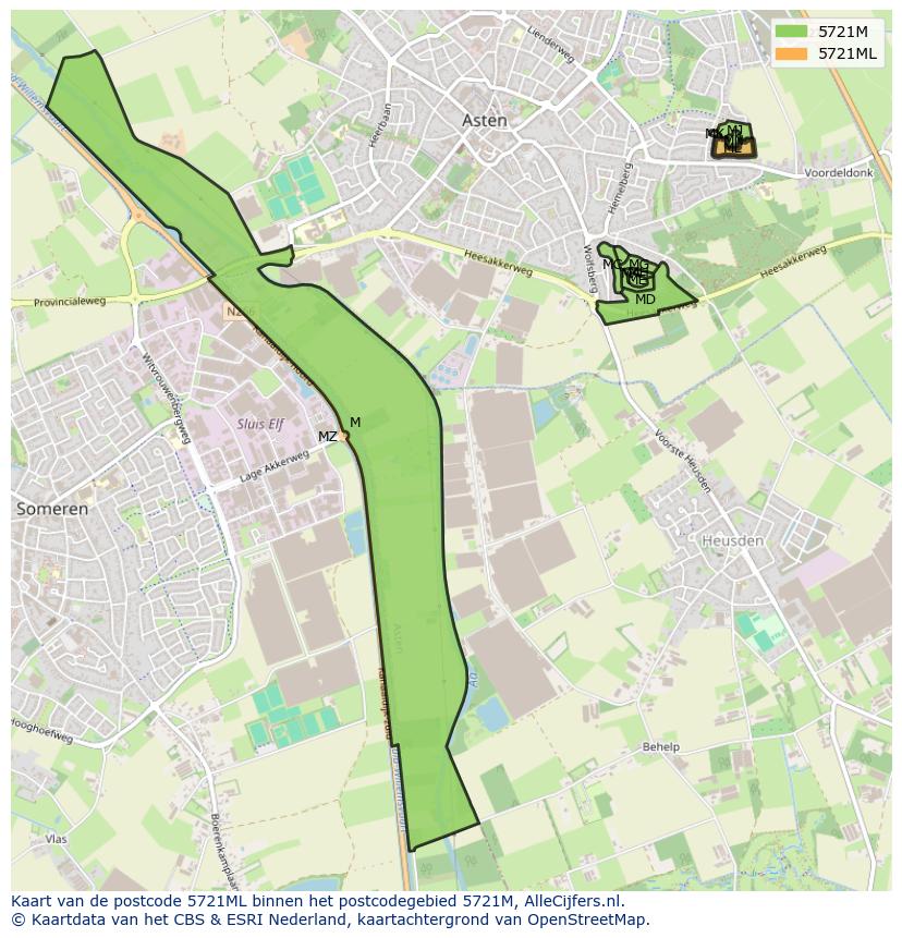 Afbeelding van het postcodegebied 5721 ML op de kaart.