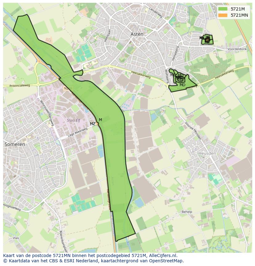 Afbeelding van het postcodegebied 5721 MN op de kaart.
