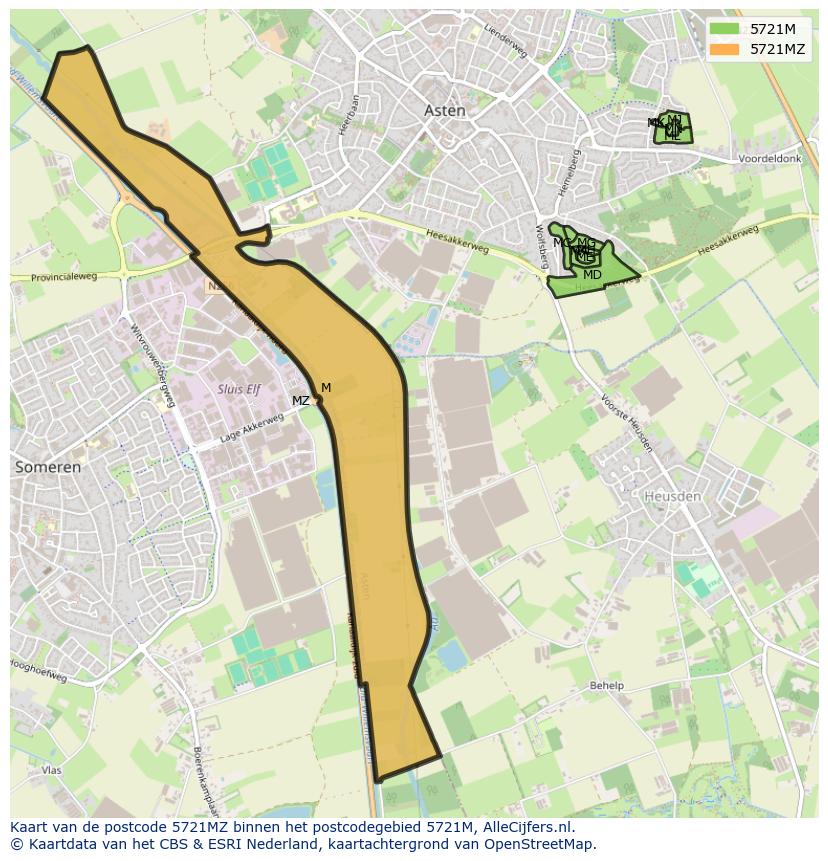 Afbeelding van het postcodegebied 5721 MZ op de kaart.