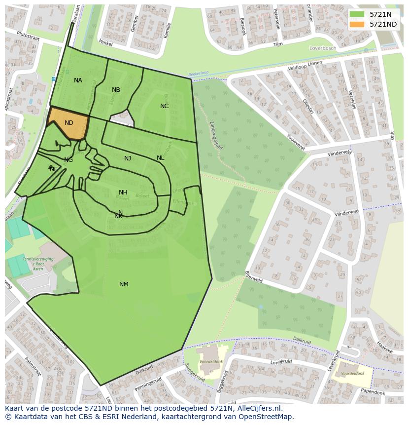 Afbeelding van het postcodegebied 5721 ND op de kaart.