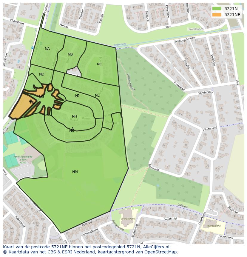 Afbeelding van het postcodegebied 5721 NE op de kaart.