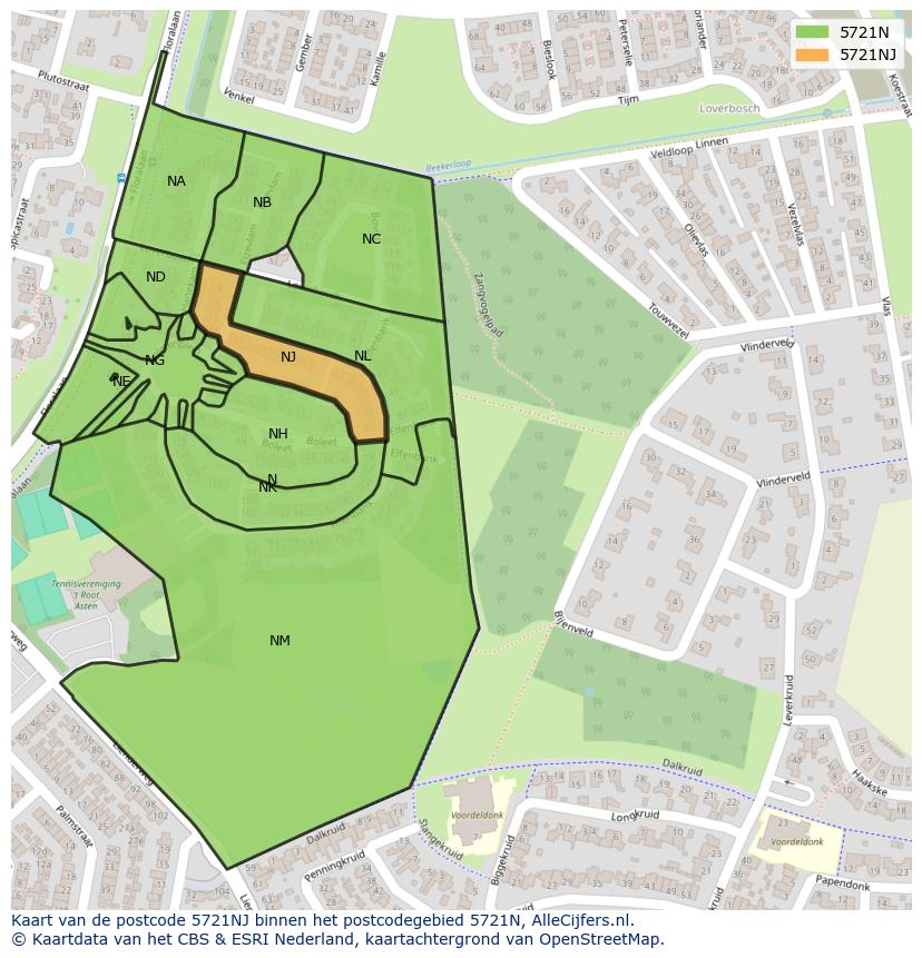 Afbeelding van het postcodegebied 5721 NJ op de kaart.
