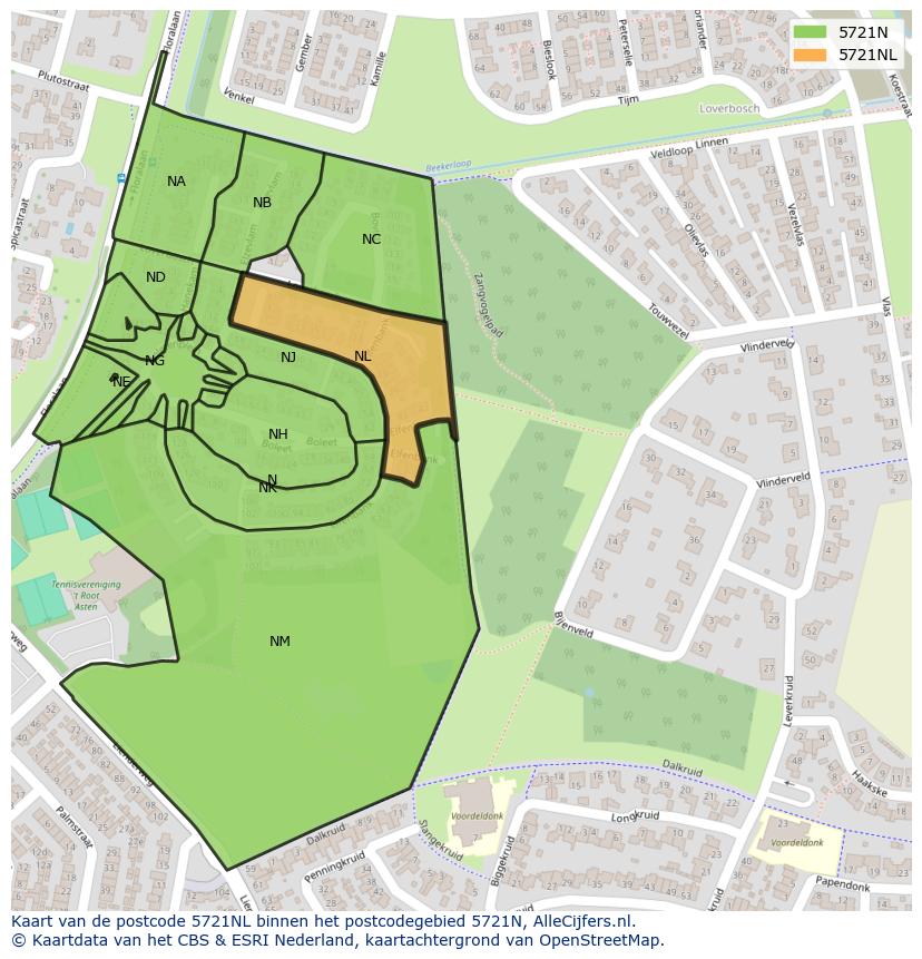 Afbeelding van het postcodegebied 5721 NL op de kaart.