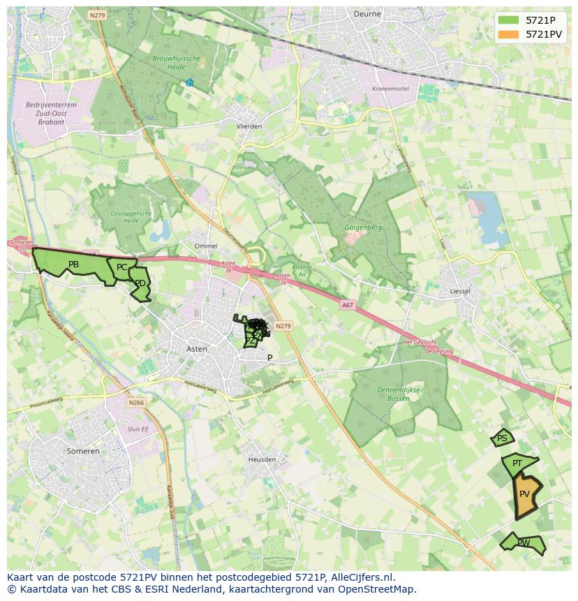 Afbeelding van het postcodegebied 5721 PV op de kaart.