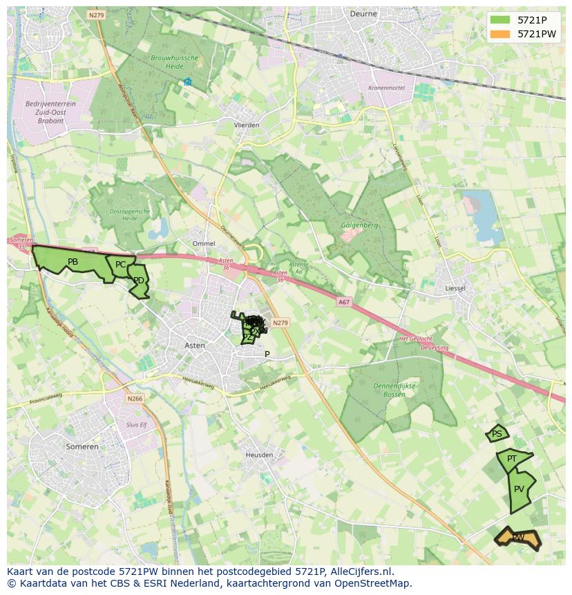 Afbeelding van het postcodegebied 5721 PW op de kaart.