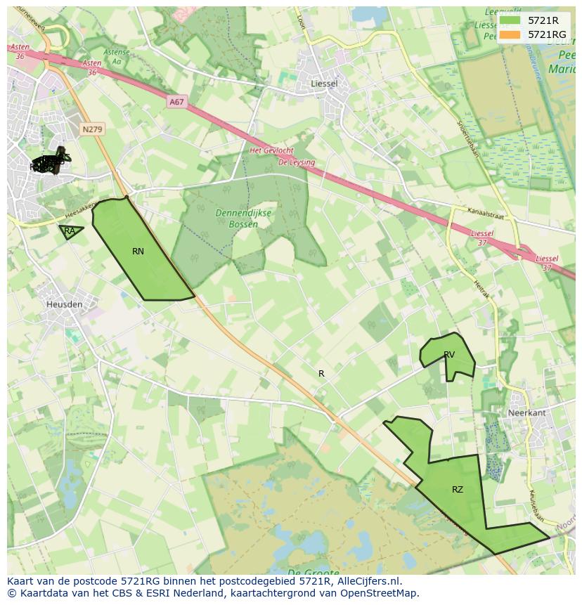 Afbeelding van het postcodegebied 5721 RG op de kaart.