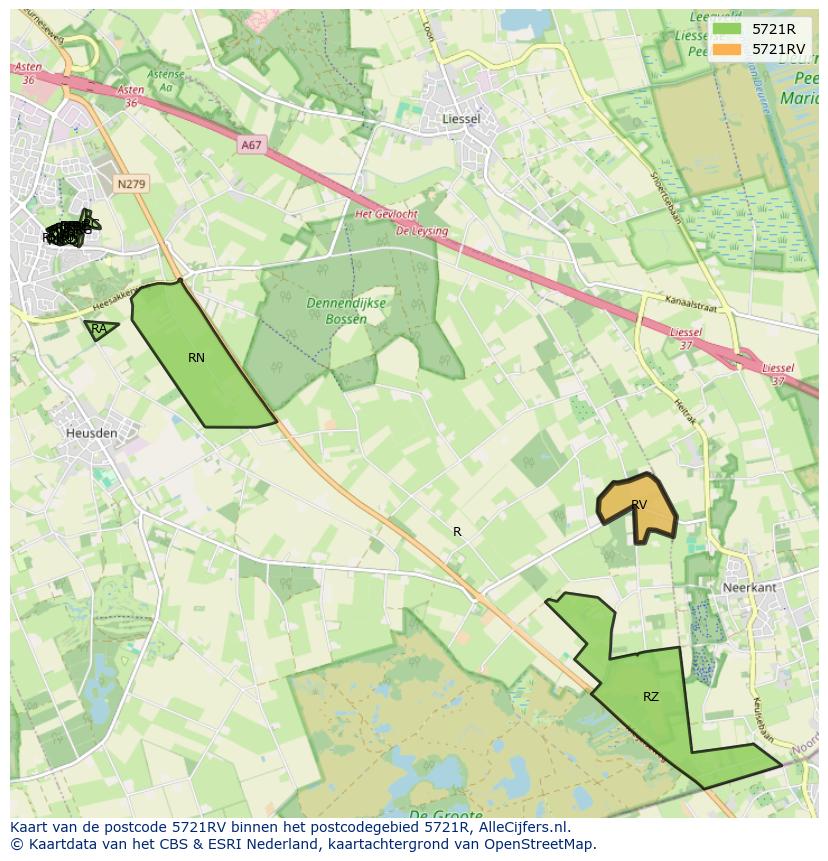 Afbeelding van het postcodegebied 5721 RV op de kaart.