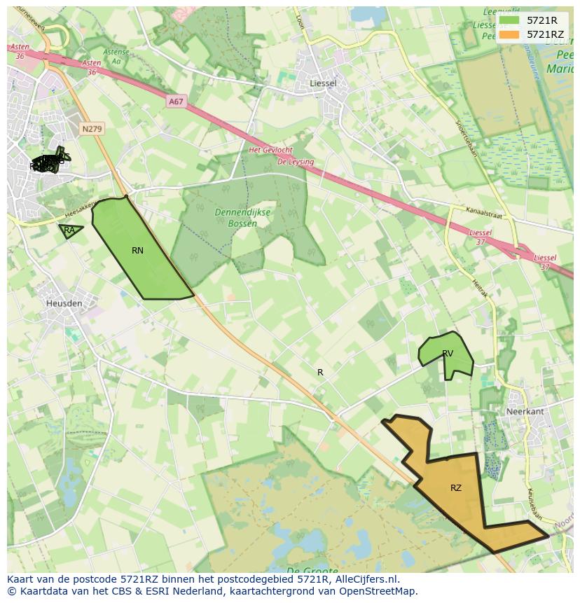 Afbeelding van het postcodegebied 5721 RZ op de kaart.