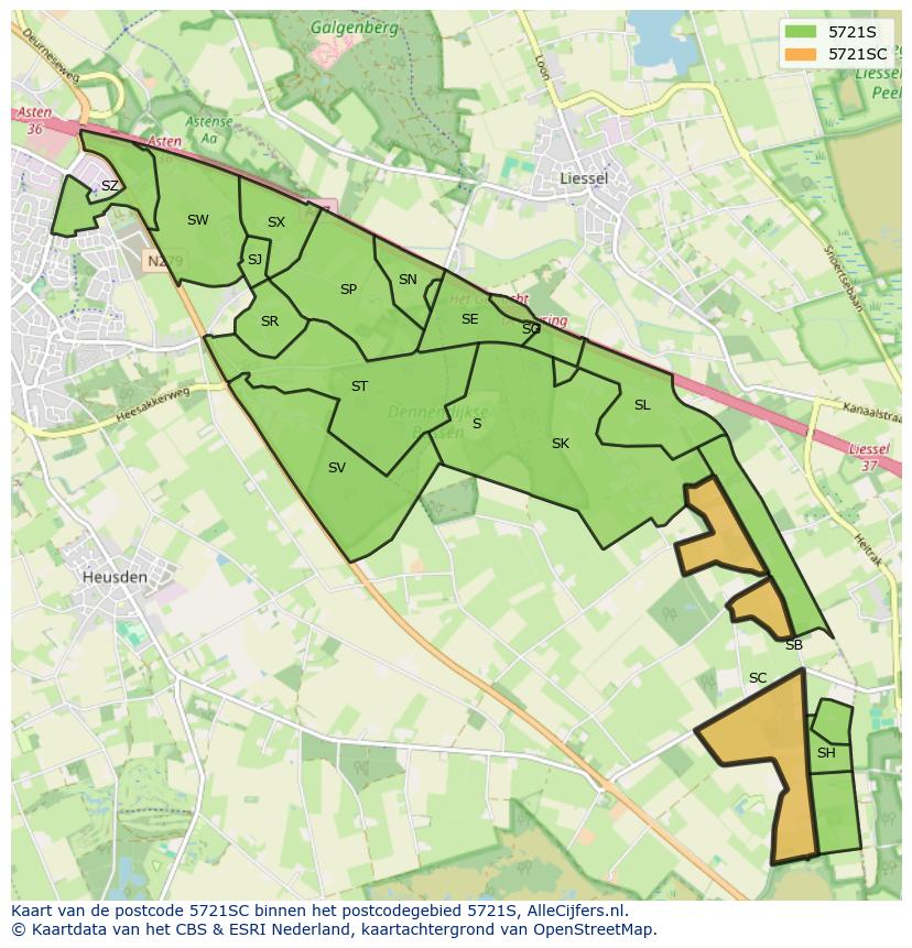 Afbeelding van het postcodegebied 5721 SC op de kaart.