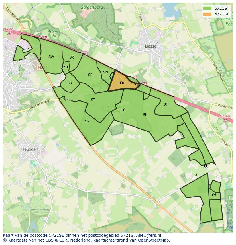 Afbeelding van het postcodegebied 5721 SE op de kaart.