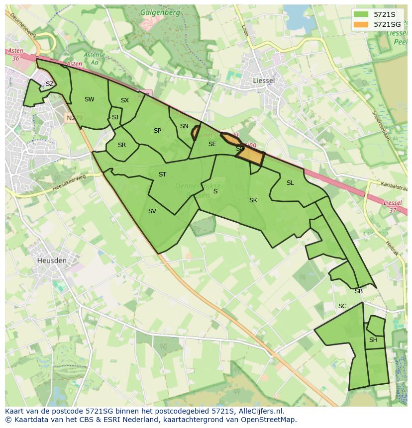 Afbeelding van het postcodegebied 5721 SG op de kaart.
