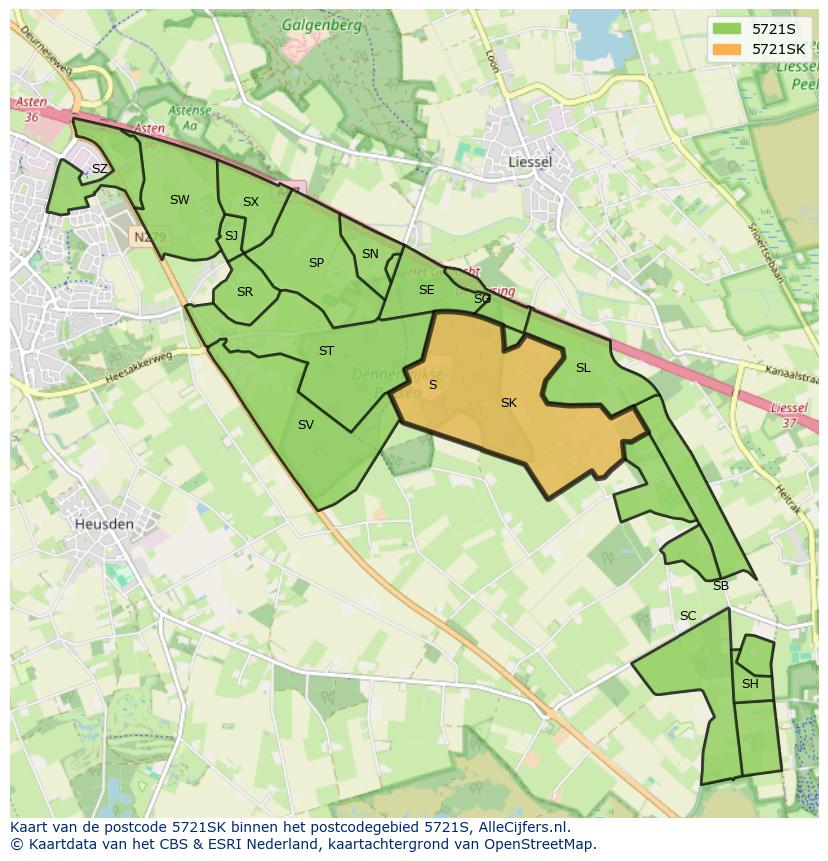 Afbeelding van het postcodegebied 5721 SK op de kaart.