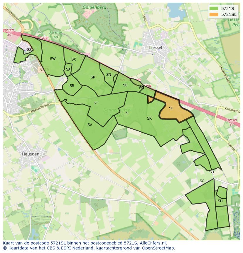 Afbeelding van het postcodegebied 5721 SL op de kaart.
