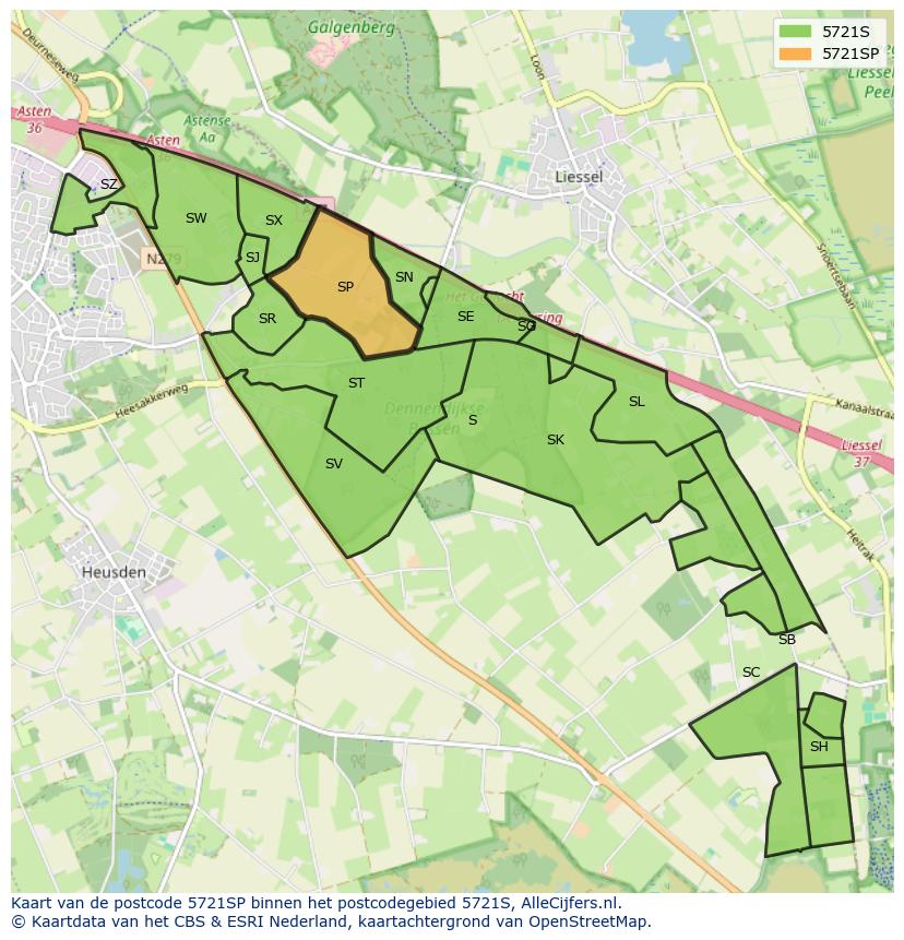 Afbeelding van het postcodegebied 5721 SP op de kaart.