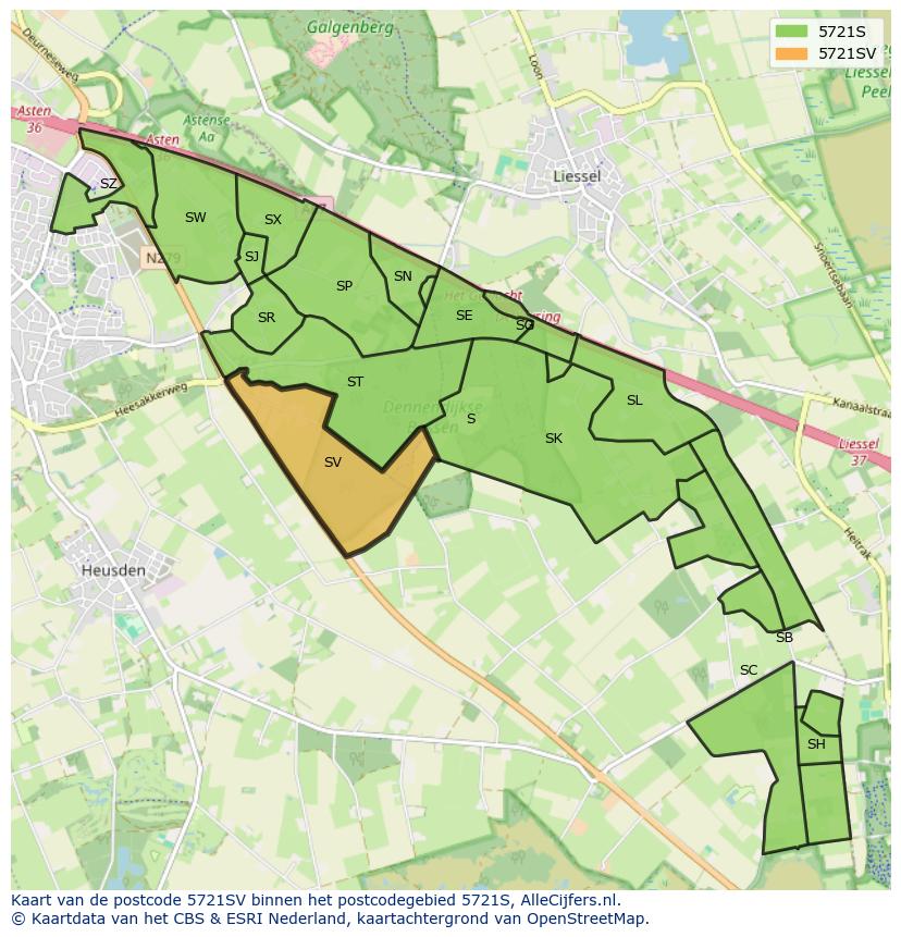 Afbeelding van het postcodegebied 5721 SV op de kaart.