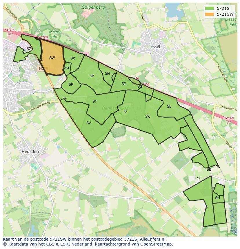 Afbeelding van het postcodegebied 5721 SW op de kaart.