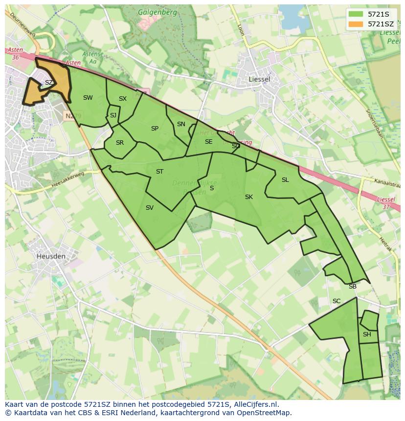 Afbeelding van het postcodegebied 5721 SZ op de kaart.